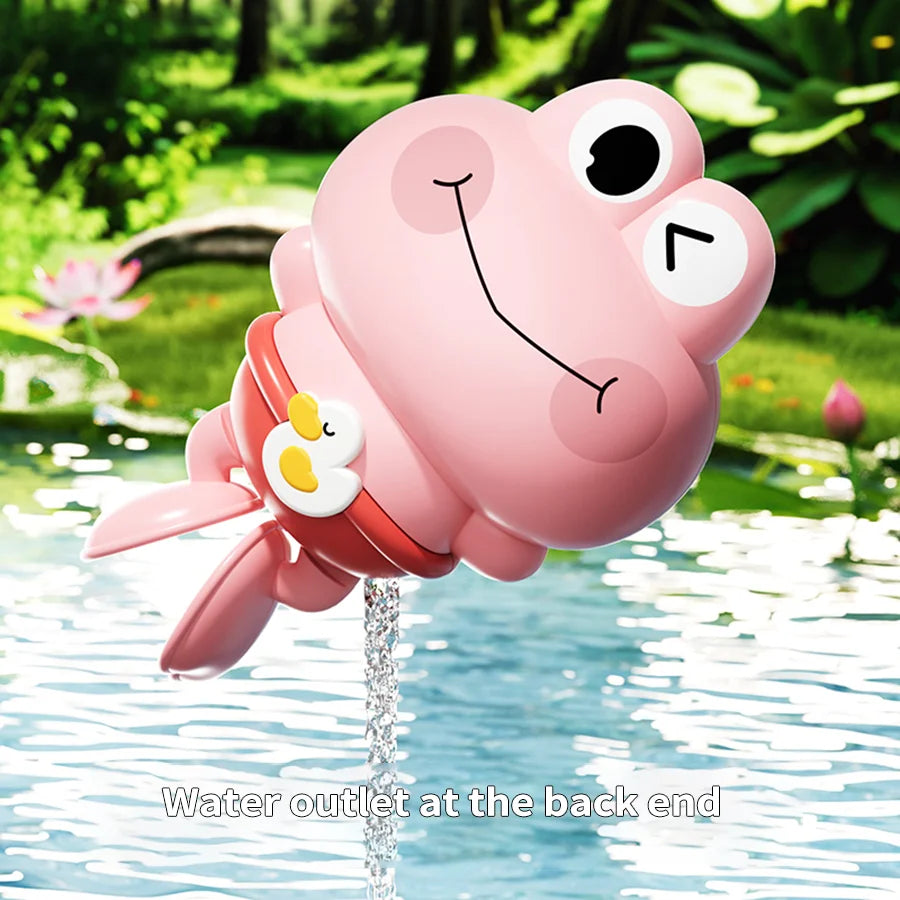 A pink frog bath toy with a yellow accent, floating in water.