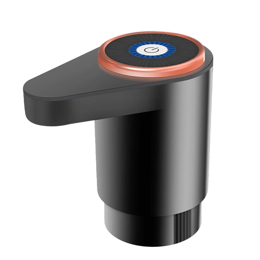 A black electric water dispenser pump with a circular orange top and blue indicator light.