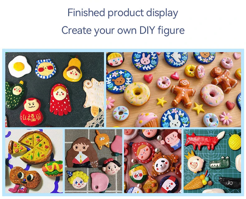 A display of various finished DIY figures sculpted from air-dry stone plastic clay.
