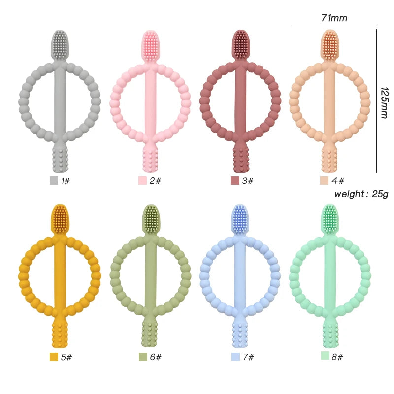 A set of eight soft silicone baby teethers in various colors and sizes, shown with their handles and dimensions.