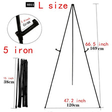 A black adjustable foldable metal easel stand with a 5 iron holder and various size options.