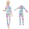 A fashion doll outfit set featuring a long-sleeved top and matching pants with a multicolored tie-dye pattern.
