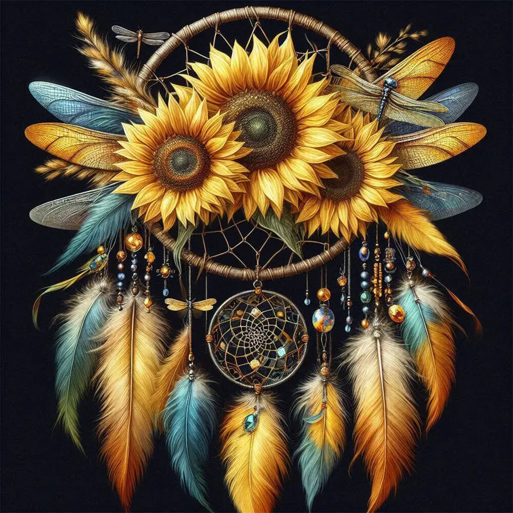 A detailed painting featuring a sunflower wreath made of feathers and a circular gold frame.