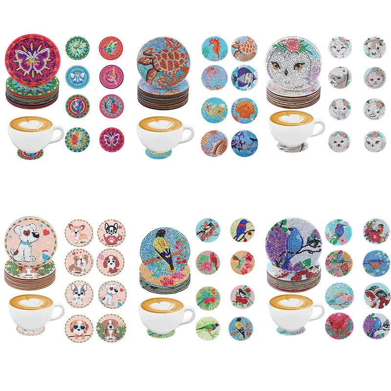 A collection of colorful DIY diamond art coasters featuring various animal designs like birds and creatures.