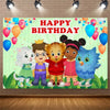 A colorful cartoon backdrop featuring a tiger, a cat, and a child celebrating a birthday.