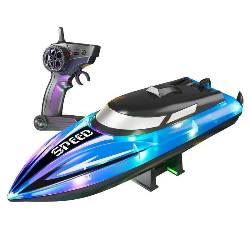 A black and blue high-speed RC boat with LED lights is shown next to its remote control.