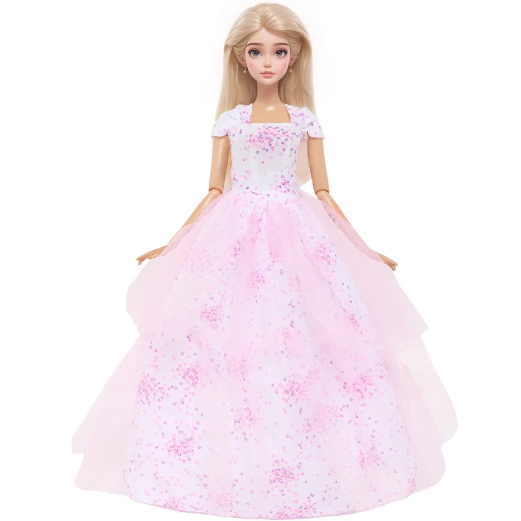 A blonde doll wearing a pink floral evening gown with a full skirt and sheer overlay.