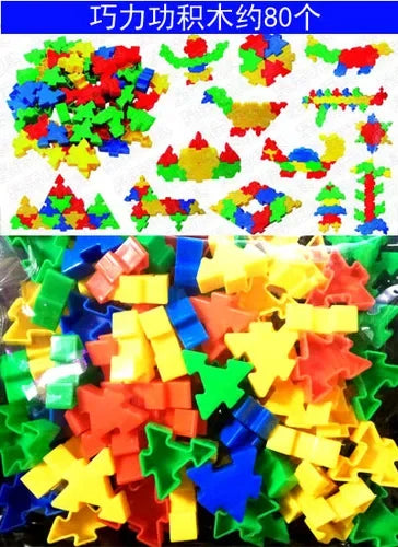 A pile of colorful snowflake building blocks in various shapes and colors like red, green, yellow, blue, and orange.