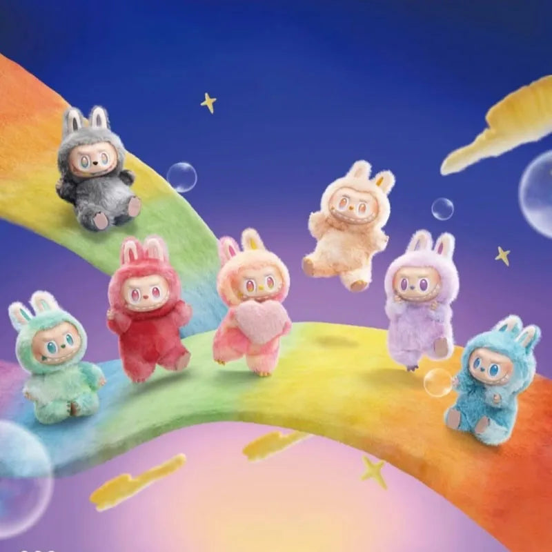 A collection of Labubu The Monsters plush dolls in various colors and poses against a purple and orange background.