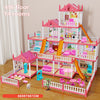 A large pink and white 4th floor playset featuring a multi-story castle and villa miniature for children.