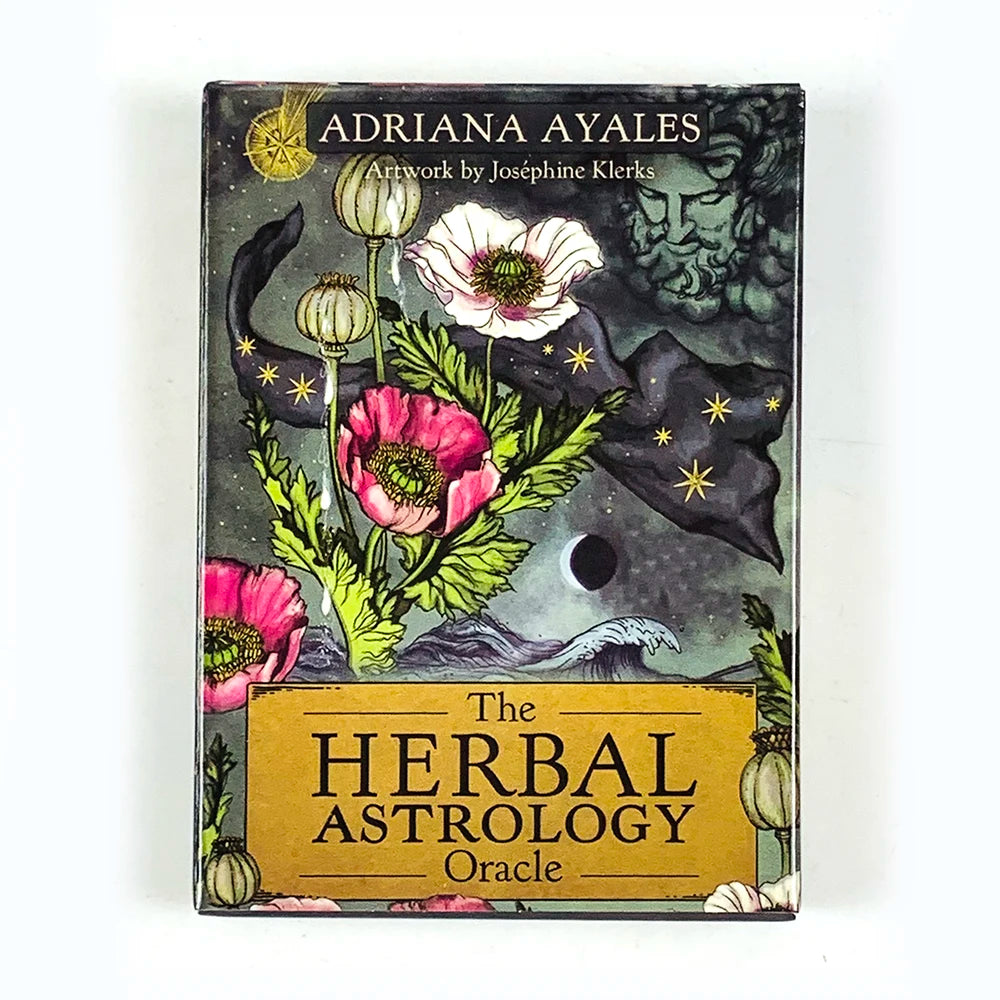 A box of Adriana Ayales Herbal Astrology Oracle cards featuring floral and celestial designs.