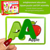 A hand holds a green wooden alphabet letter AA and an apple, demonstrating the enlistment education jigsaw puzzle card DIY as