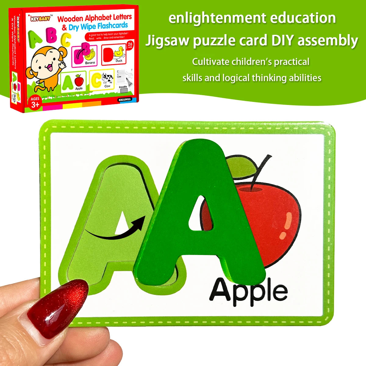 A hand holds a green wooden alphabet letter AA and an apple, demonstrating the enlistment education jigsaw puzzle card DIY as