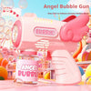 A pink Angel Bubble Gun is shown with a bottle of bubble solution, ready for use in a party setting.