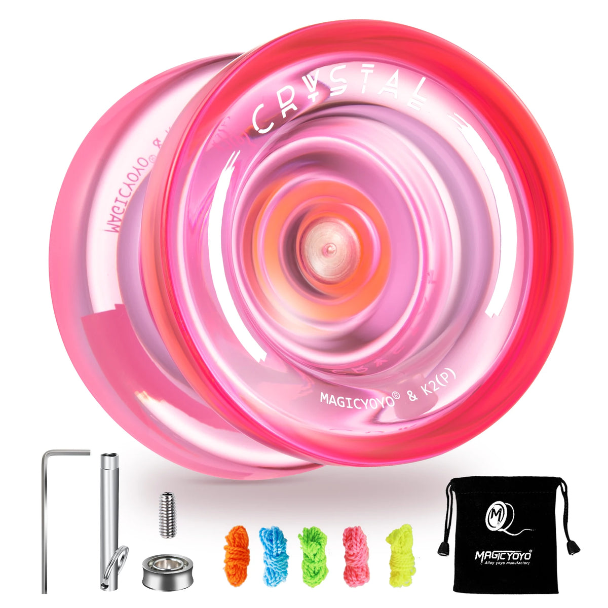 Pink crystal plastic yo-yo with accessories shown for beginner tricks