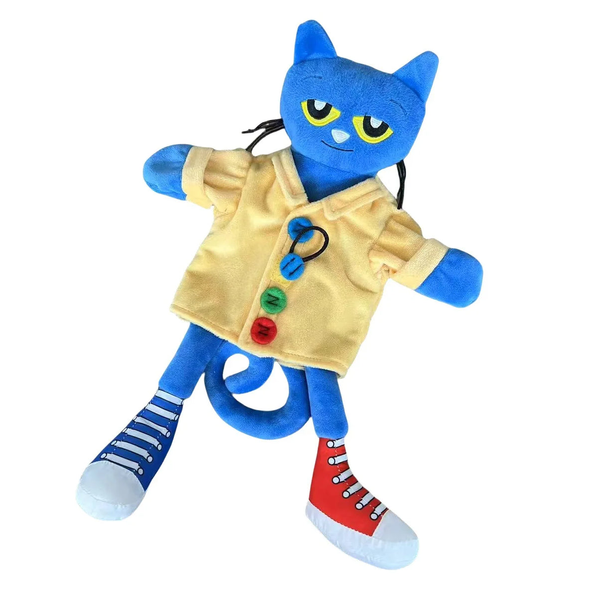 A blue cartoon cat plush toy wearing a tan jacket and blue pants with red sneakers.