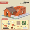 A set of 18 pieces of orange brick building components and accessories for creating a miniature architectural model.