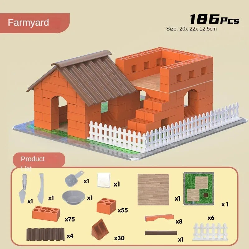A set of 18 pieces of orange brick building components and accessories for creating a miniature architectural model.
