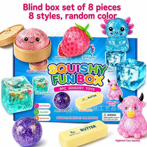 A set of eight squishy sensory toys including a strawberry, ice cube, and purple ball