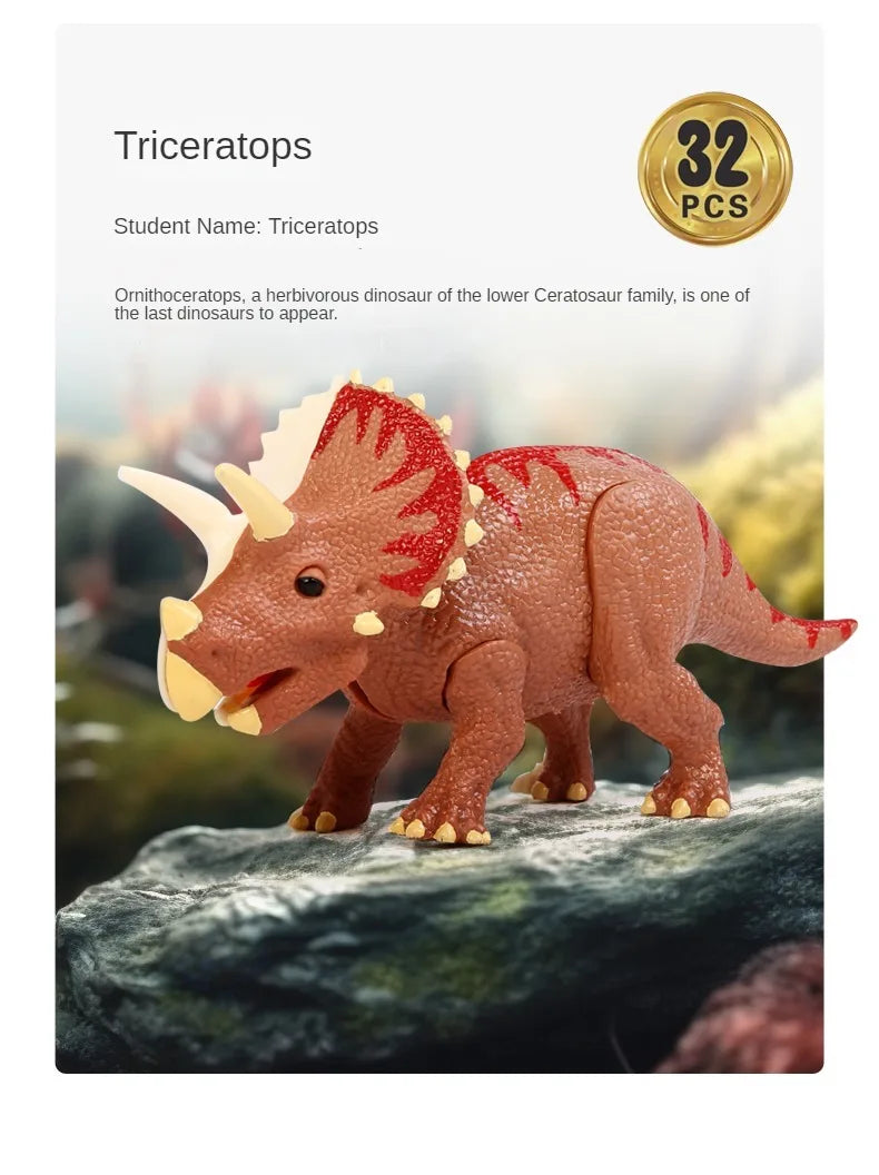 A detailed model of a Triceratops dinosaur, featuring reddish-brown skin and horns, displayed on a dark rock.
