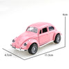 Pink 1:38 die-cast classic Beetle model car shown from the side with dimensions.