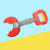 A red kids beach toy set featuring crab claw pliers and dinosaur digging tools against a light blue background.
