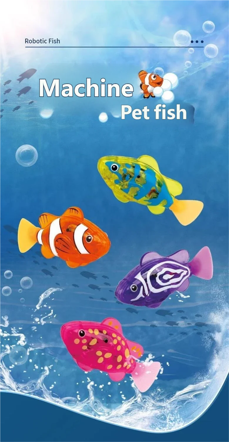 Colorful fish swimming in blue water with bubbles and light effects.