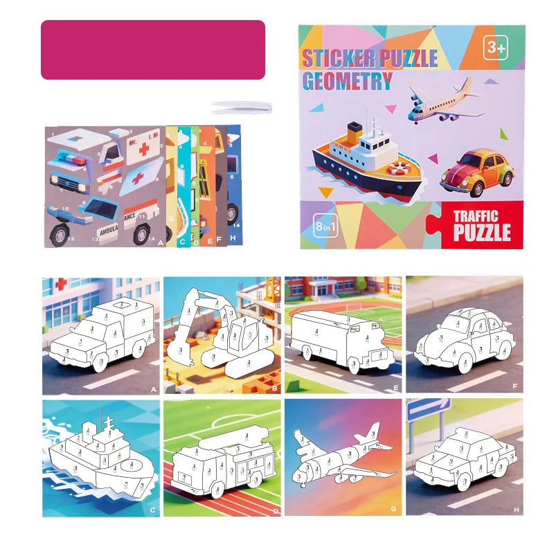 A collection of sticker puzzle kits featuring various dinosaur and animal designs, including vehicles and sea creatures.
