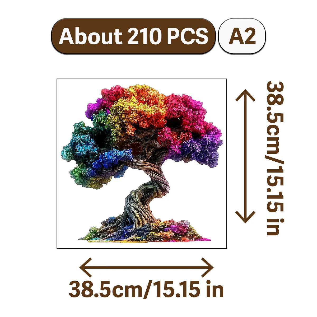 A jigsaw puzzle depicting a colorful tree with vibrant foliage and roots.