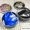 A collection of Camo Masking Putty in tins and a jar of blue putty on a grid background.