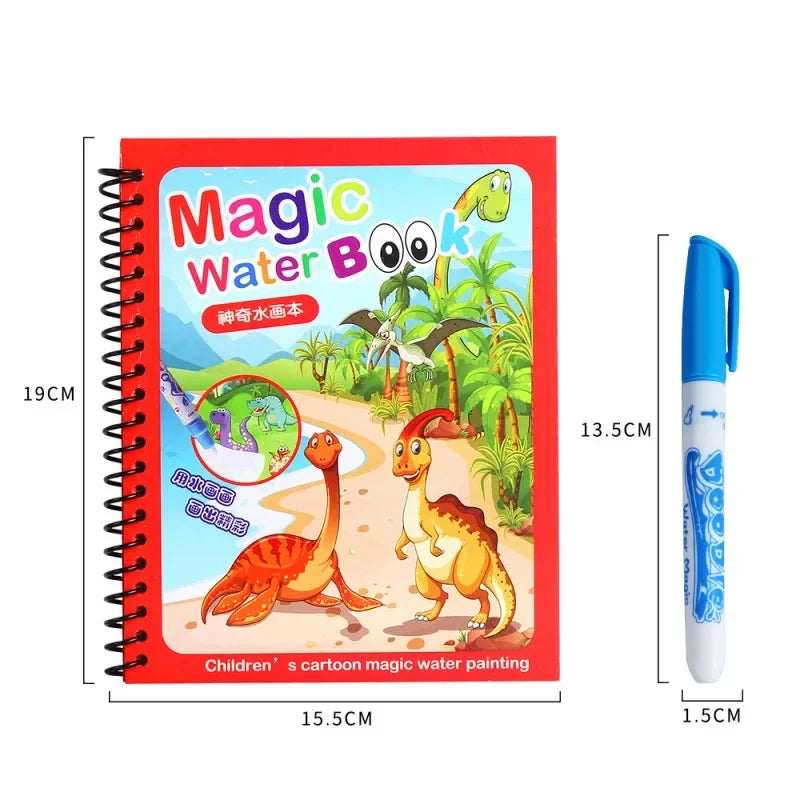 A red spiral notebook containing a Magic Water Book with colorful cartoon illustrations of animals and nature.