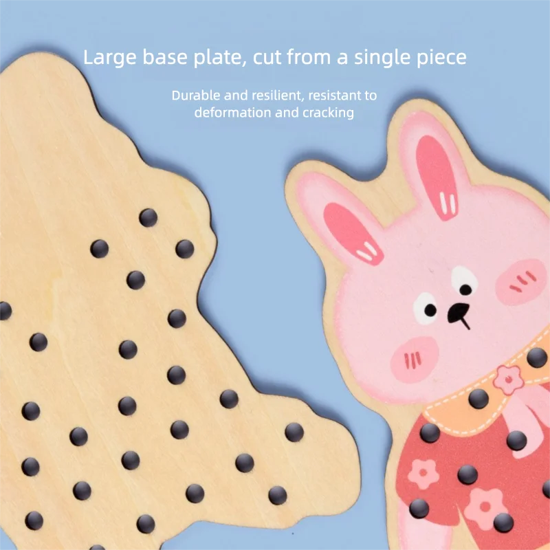 A large wooden plate shaped like a rabbit is shown next to a piece of light wood, demonstrating durability and resilience.