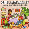 A colorful illustration of a girl relaxing with pets and plants in a cute coloring book style.