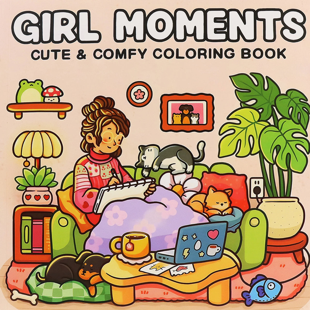 A colorful illustration of a girl relaxing with pets and plants in a cute coloring book style.