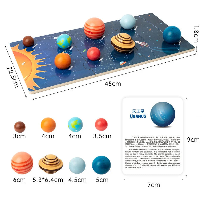 Wooden solar system puzzle featuring eight planets in various sizes and colors on a dark blue board