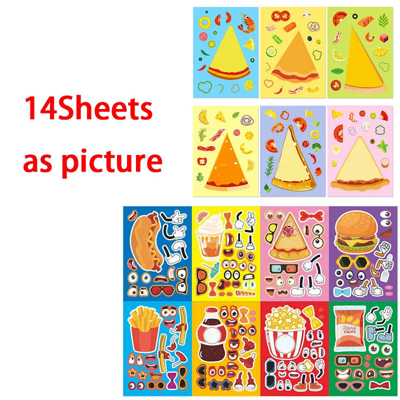 A collection of 14 sheets featuring various food items like pizza, fruits, vegetables, and other edible pictures for a craft 
