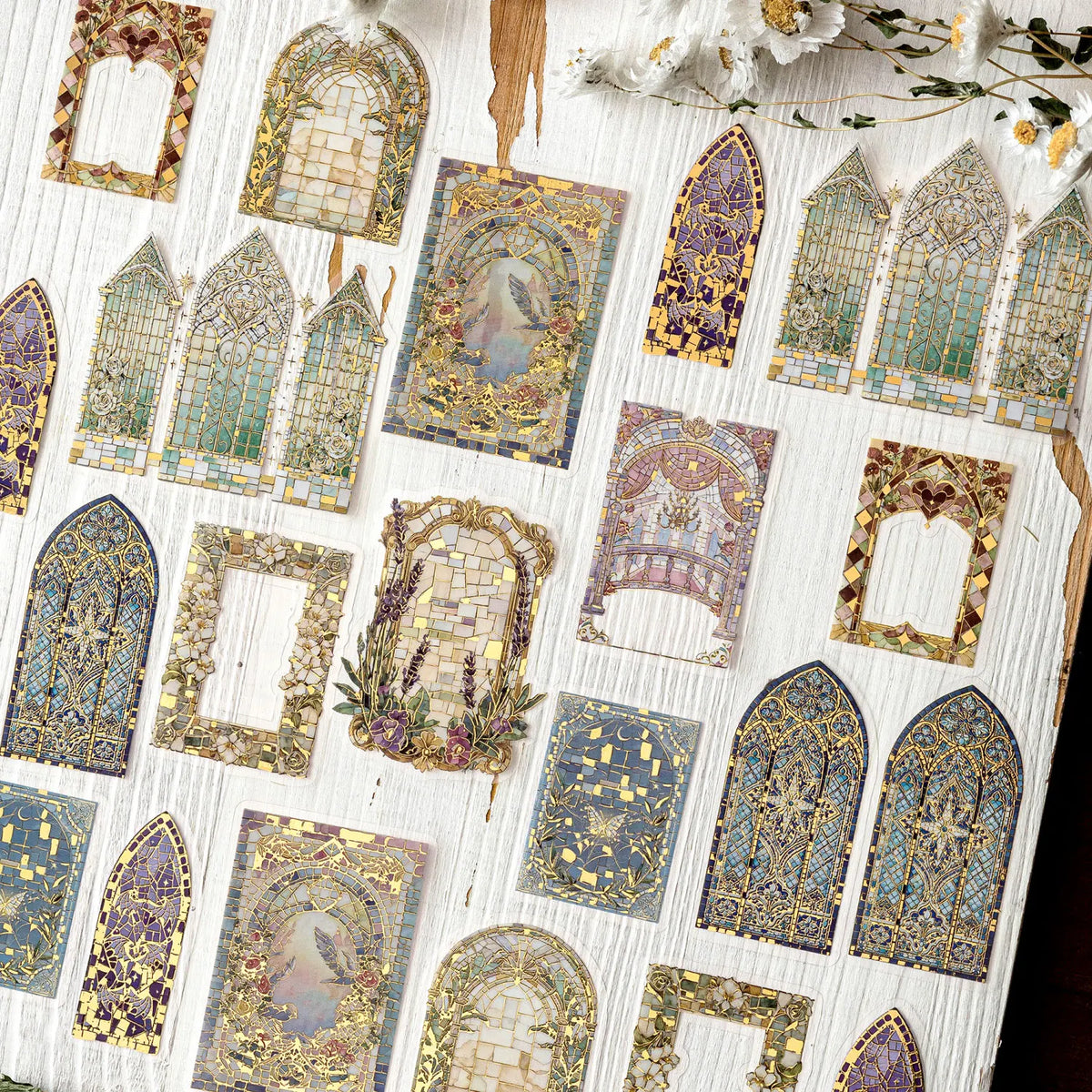 A collection of decorative PET stickers featuring stained glass and ornate patterns for journaling and scrapbooking