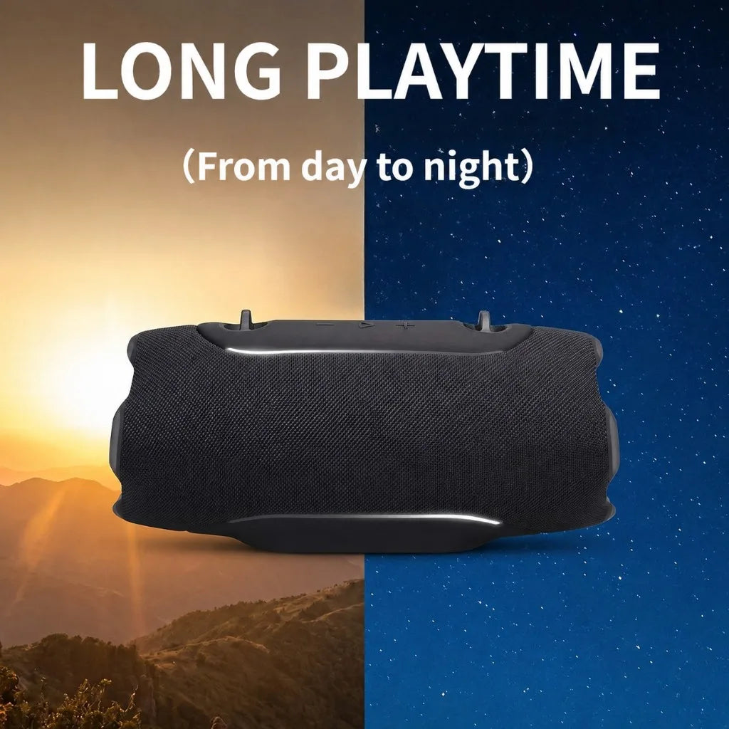 A black portable Bluetooth speaker is shown against a sunset and night sky background.