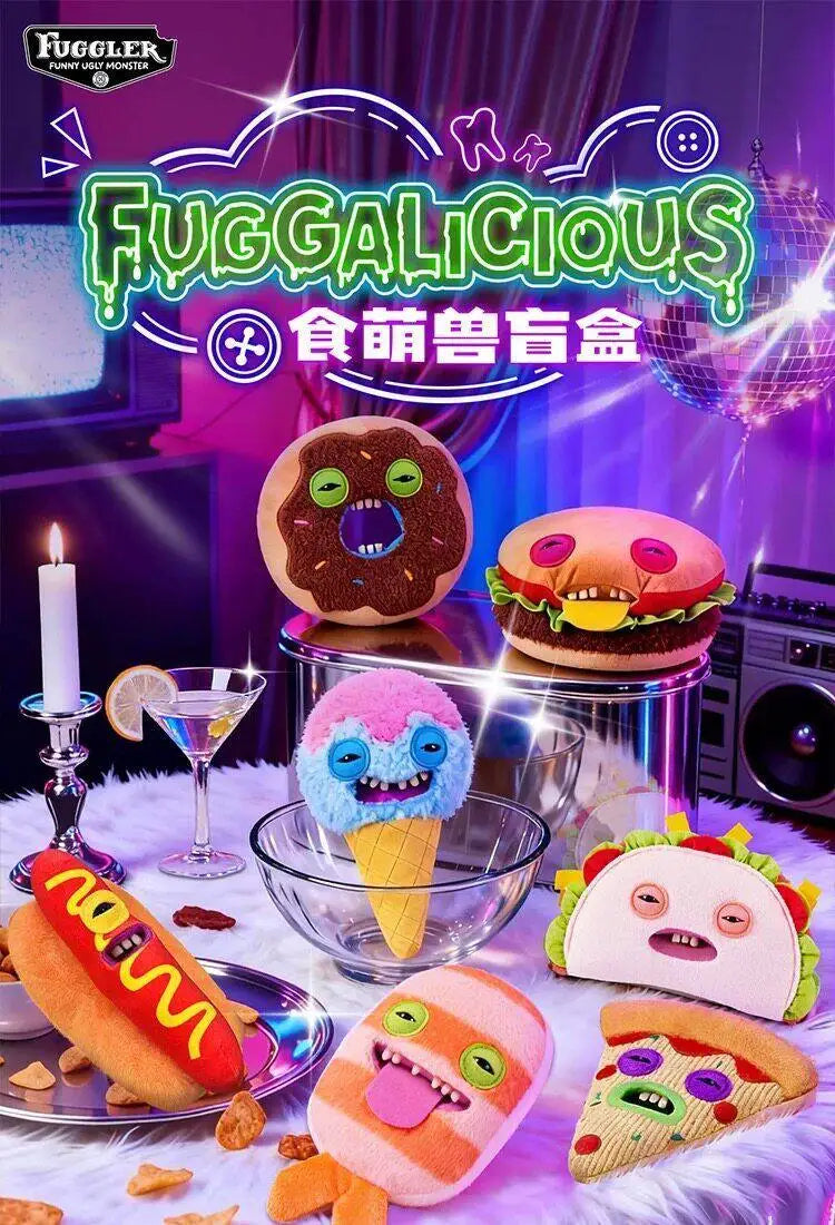 A collection of cute monster-themed food items and plush toys including a donut, a sandwich, an ice cream, and a pink monster