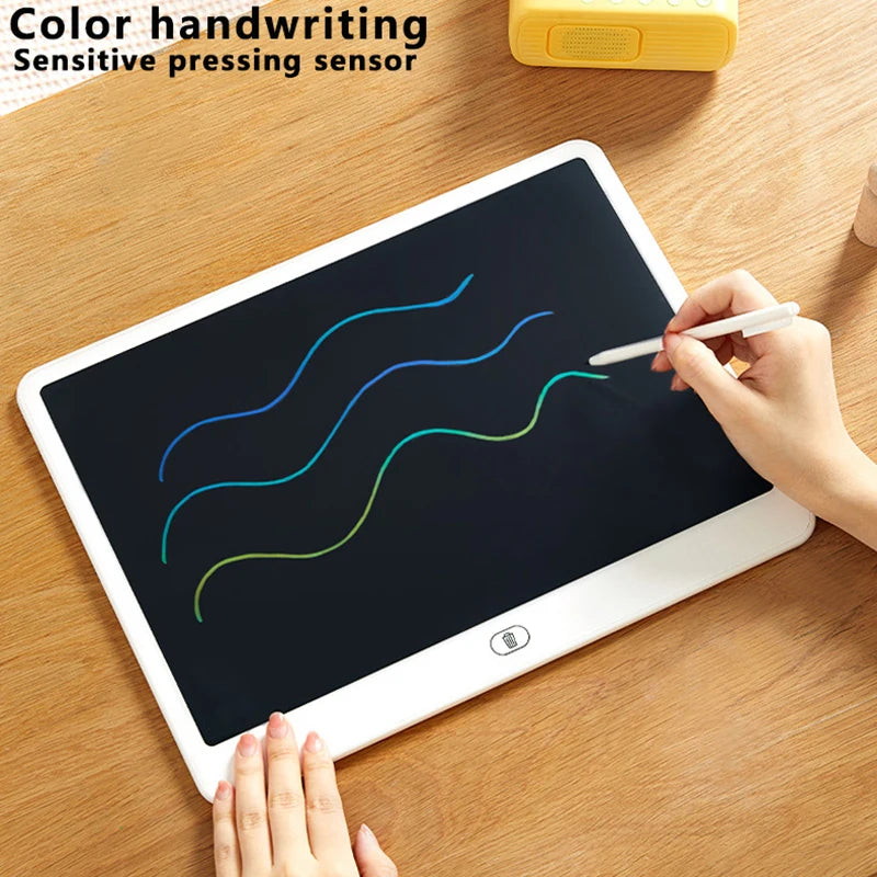 A hand is drawing a colorful wavy line on a white tablet screen using a stylus, demonstrating the color handwriting sensitive