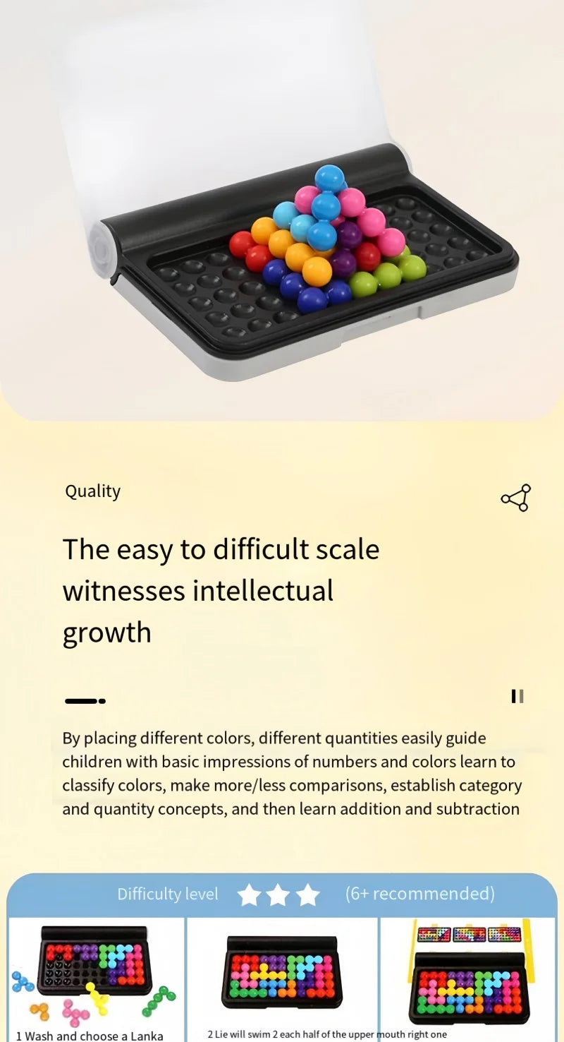 A black tray holds colorful plastic beads arranged in a pyramid shape for a logic puzzle.