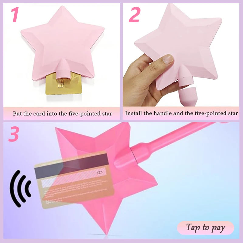 Instructions show how to put a card into a five-pointed pink star and tap to pay.