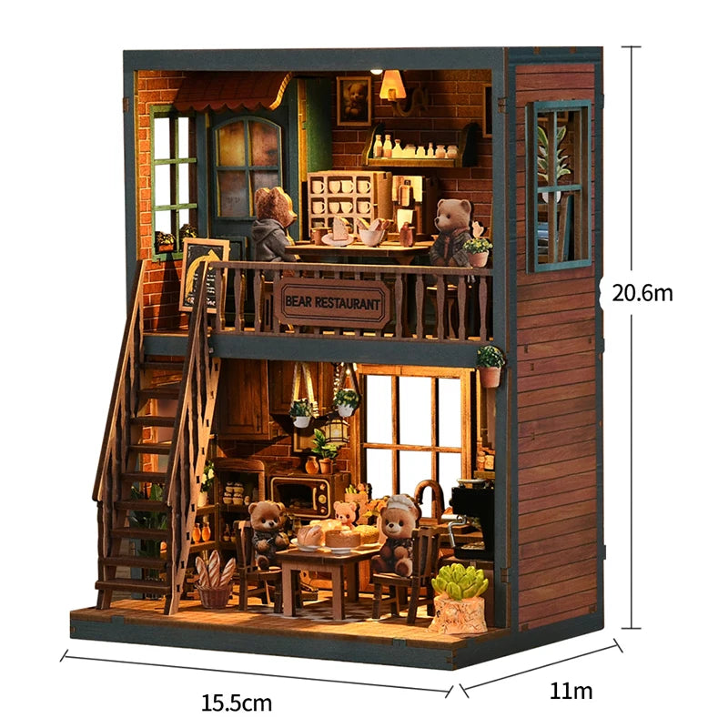 A wooden miniature dollhouse kit featuring a detailed interior with stairs and furniture.