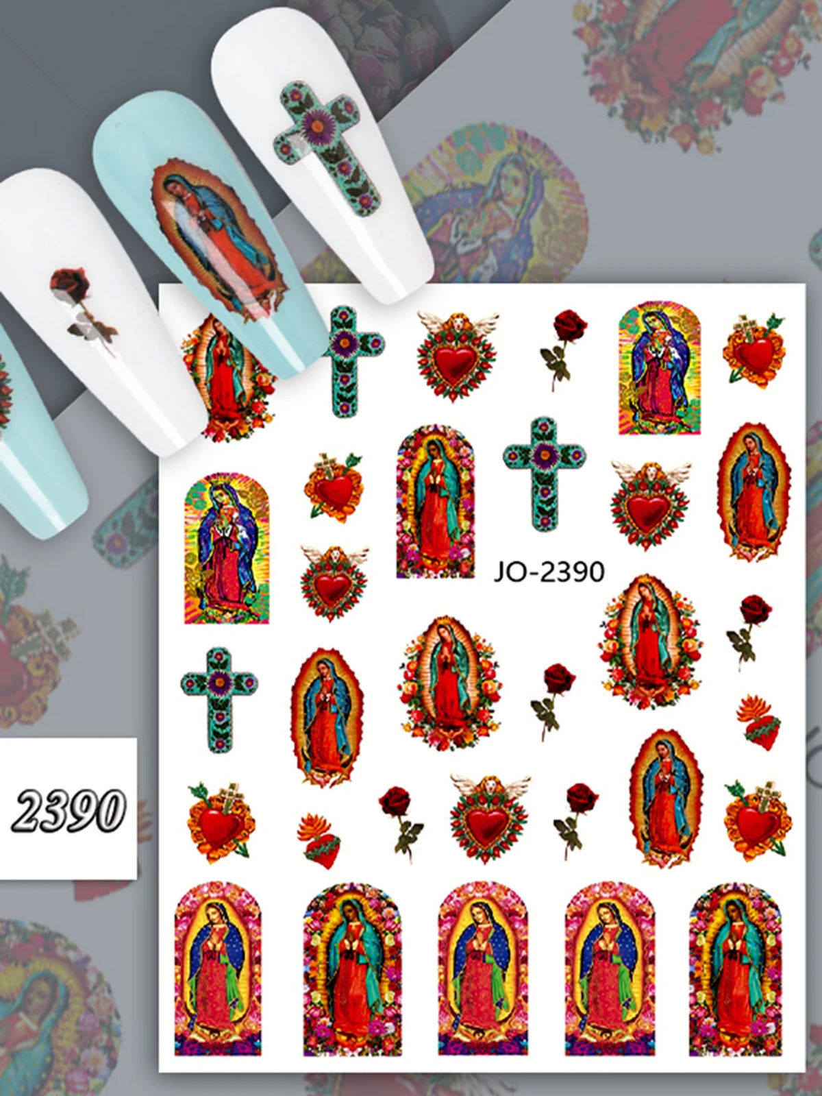 A collection of vintage angel and saint nail art stickers featuring cherubs, crosses, and religious figures.