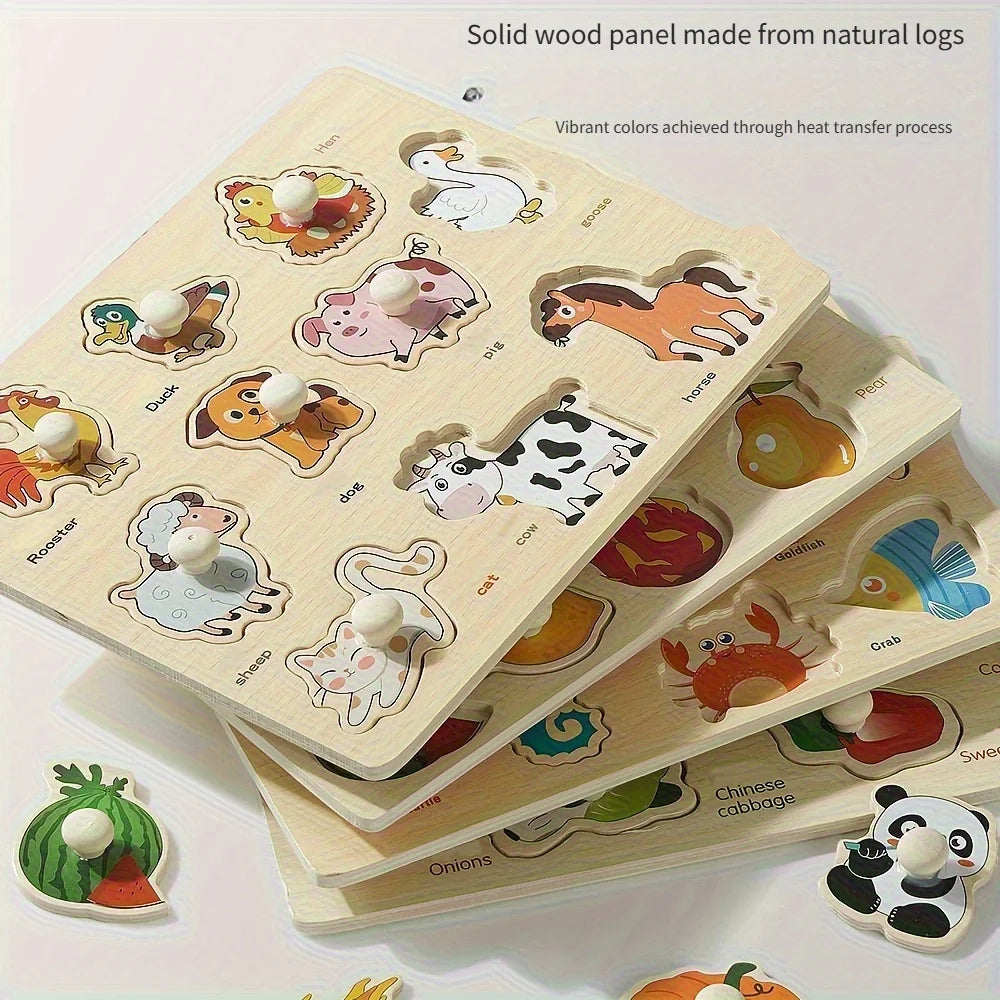 A wooden shape matching puzzle board made from natural logs featuring various animal shapes for early learning.