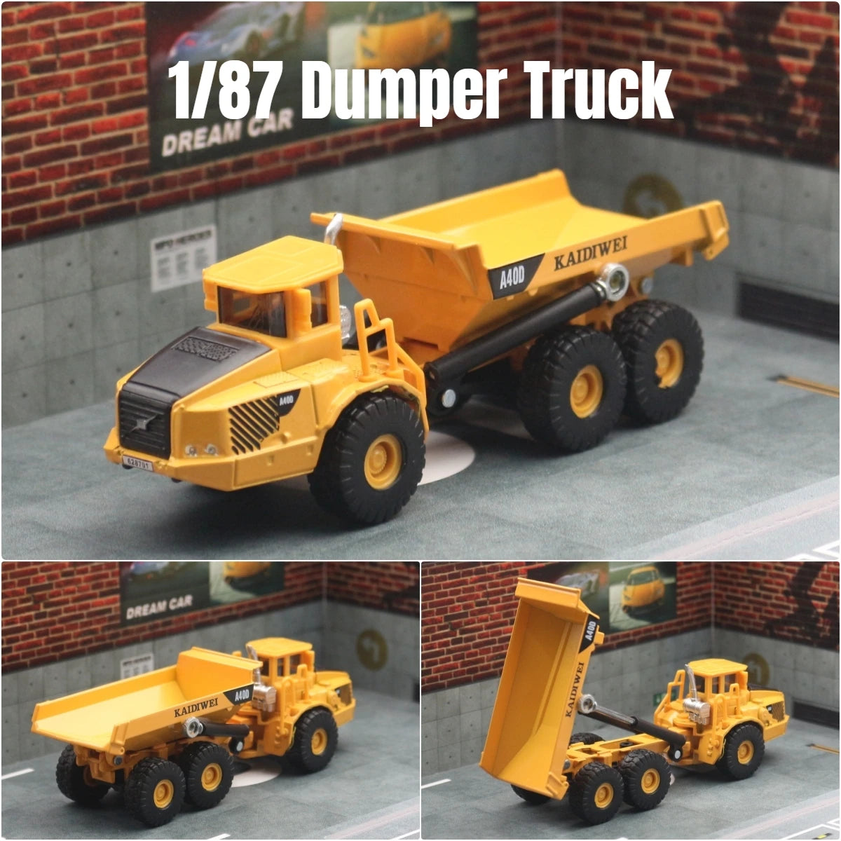 A yellow 1/87 scale dumper truck diecast model is shown in a studio setting.