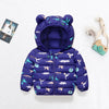 A dark purple cartoon-themed hooded puffer jacket for a child, displayed on a white background.