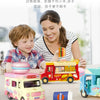 A woman is smiling while a child plays with a pink and red toy food truck car.