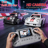 A white drift RC car is shown alongside a remote control transmitter and a digital screen displaying the car's view.