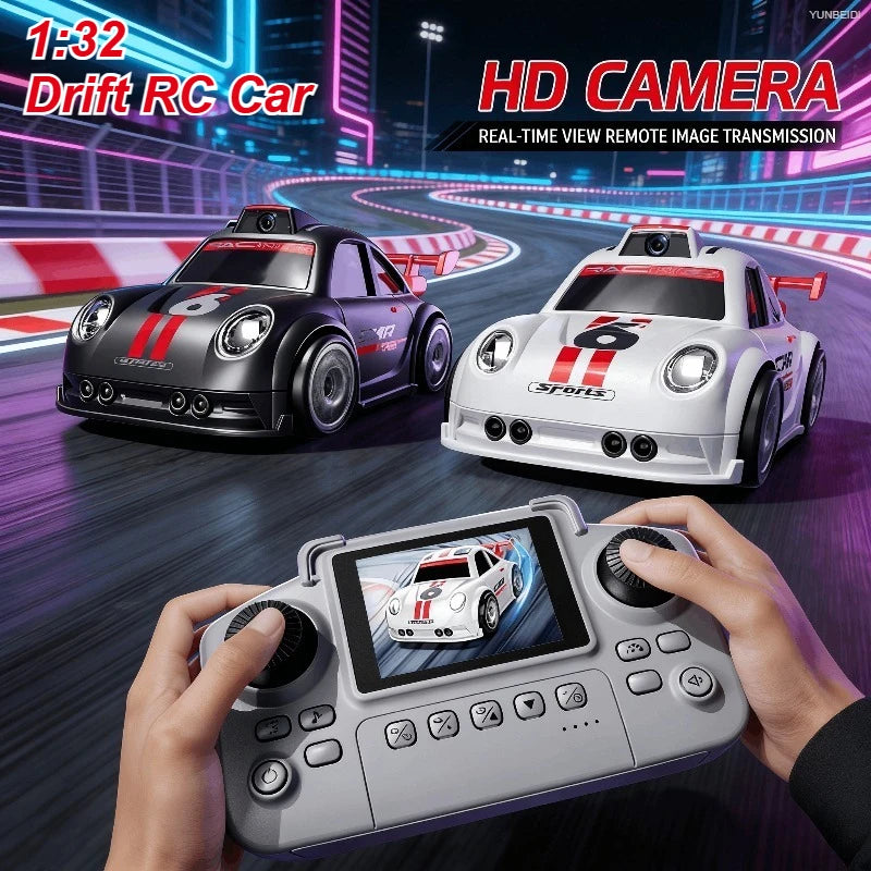 A white drift RC car is shown alongside a remote control transmitter and a digital screen displaying the car's view.